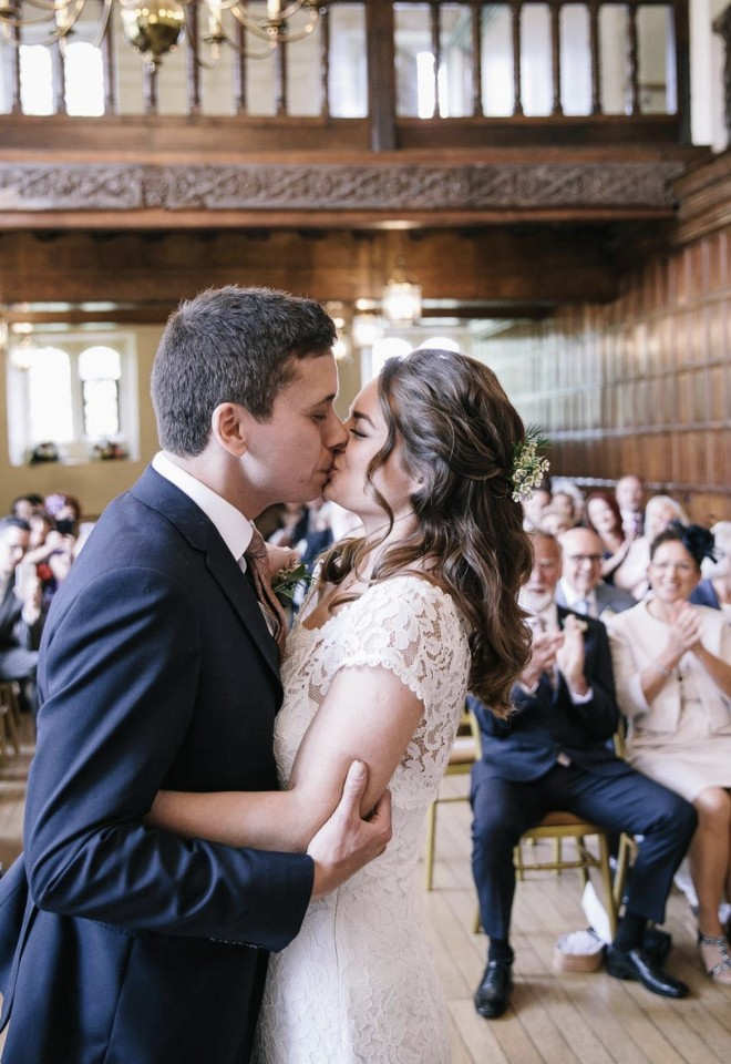 Hall Place Gardens wedding ceremony bride & groom just married in ceremony room, Bexley, Kent