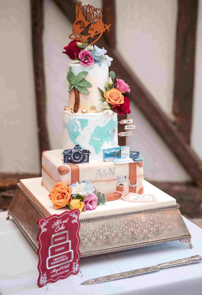 Travel themed wedding cake