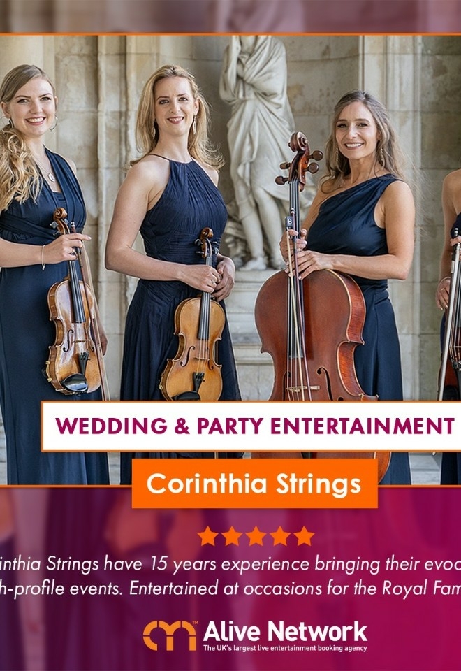 Corinthia Strings wedding string quartet they effortlessly blend classical elegance with jazz, pop, Bollywood, TV & Film, & more