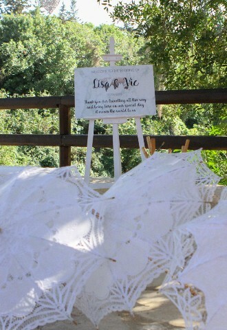 White parasol guest favours for a hot cyprus wedding day