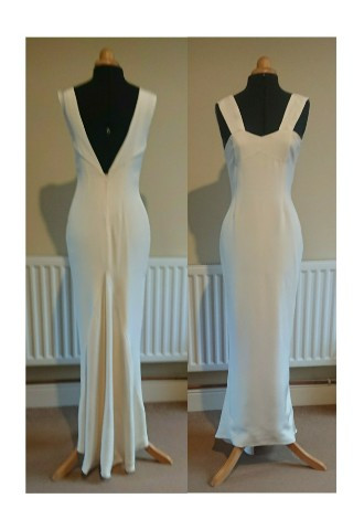 Ivory Silk crepe wedding dress with low v back and short draped train