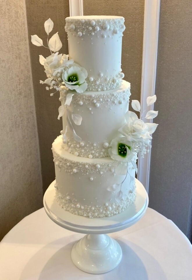 Sugar Flowers and Edible Pearls Wedding Cake by Cakes of Curiosity