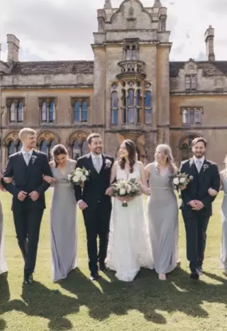 Wedding Party with Bridesmaids and Groomsmen outside Grittleton House, Venues in Chippenham, Wiltshire