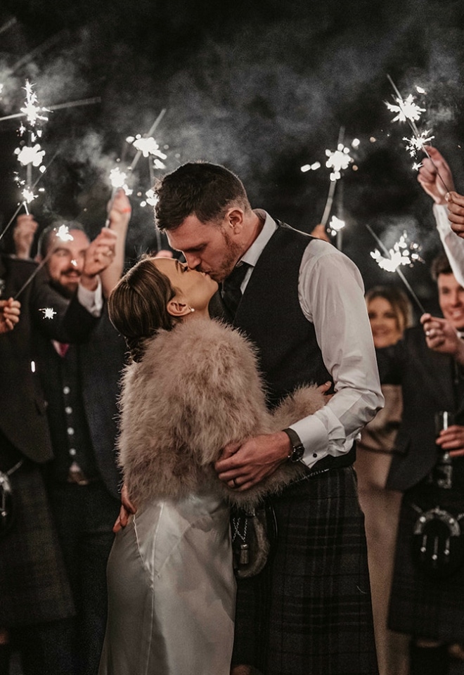 sparklers, bride and groom castle wedding