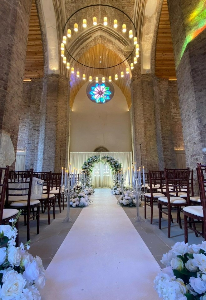 Abney Park Chapel decorated for a wedding ceremony