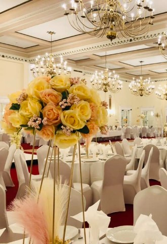 The Banqueting Hall at The Adelphi Hotel in Liverpool dressed with floral decor
