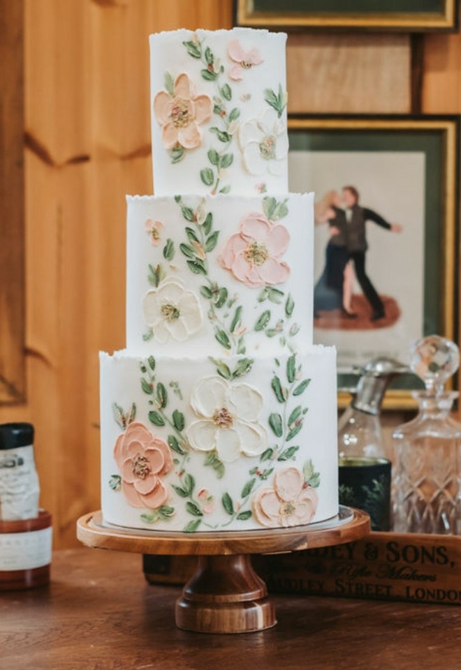 Sugar flower decorated wedding cake at the Chilterns View Wedding Venue in Oxfordshire