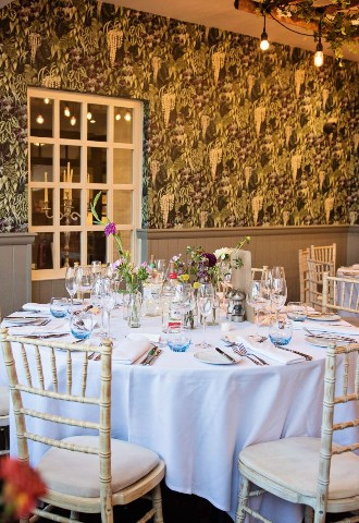 wedding reception set up at The Bay Tree Hotel, Burford, Oxfordshire