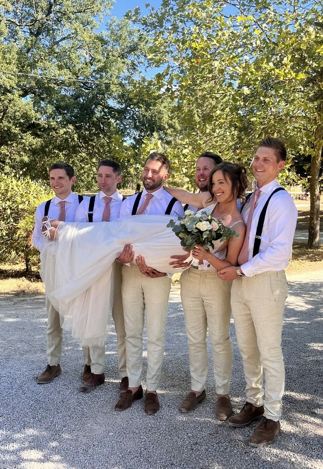 Bride, Groom and Groomsmen. Shot by Love Stories Live Wedding Content Creator. 