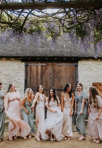 Mis-Matched Bridesmaids Dresses at Barn Wedding in Oxfordshire