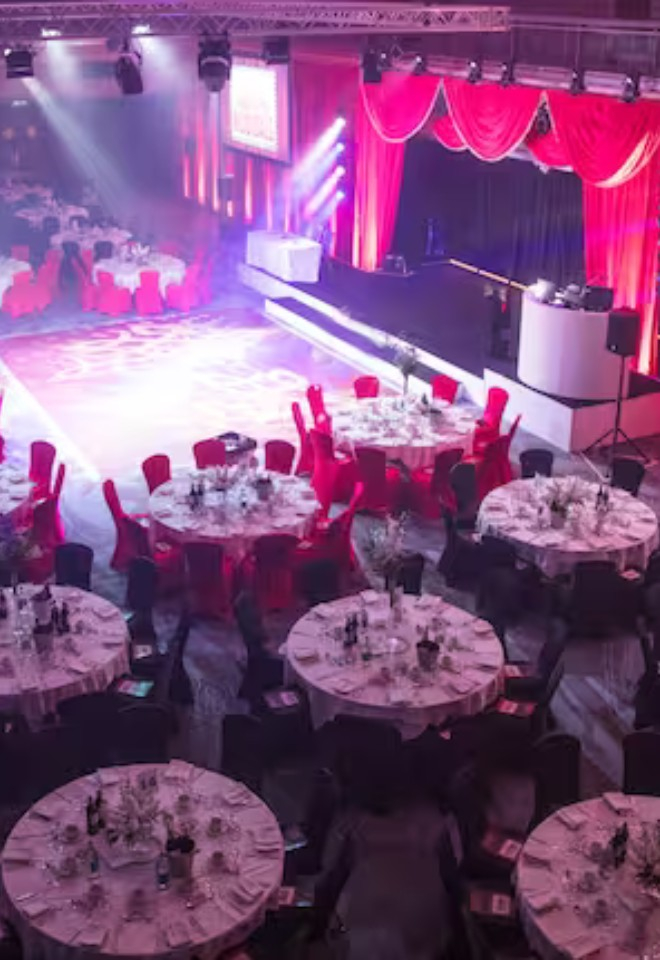Ballroom set for a large event