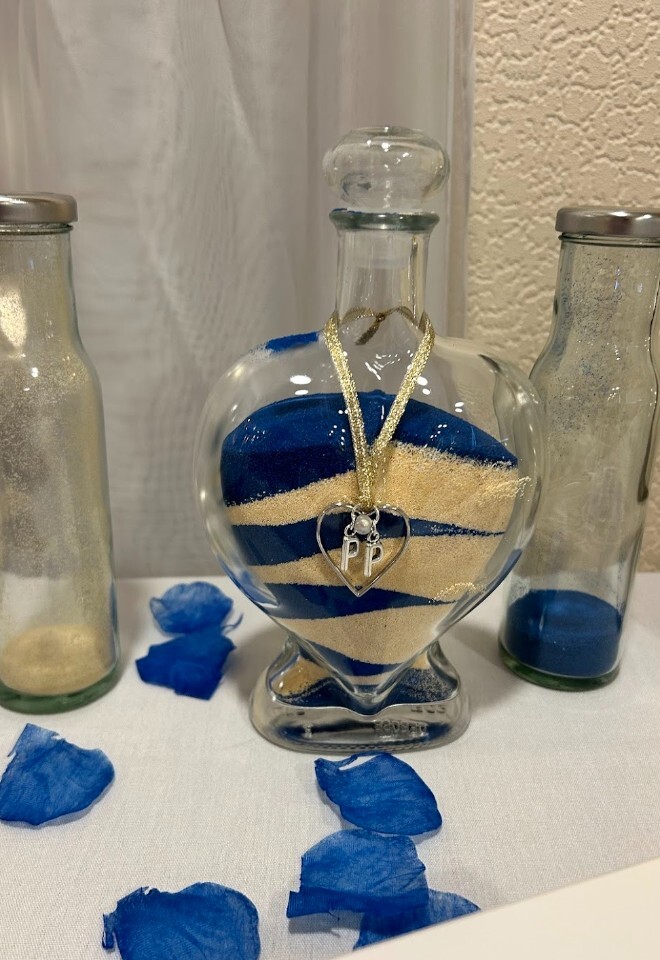 Blue and gold sand ceremony 