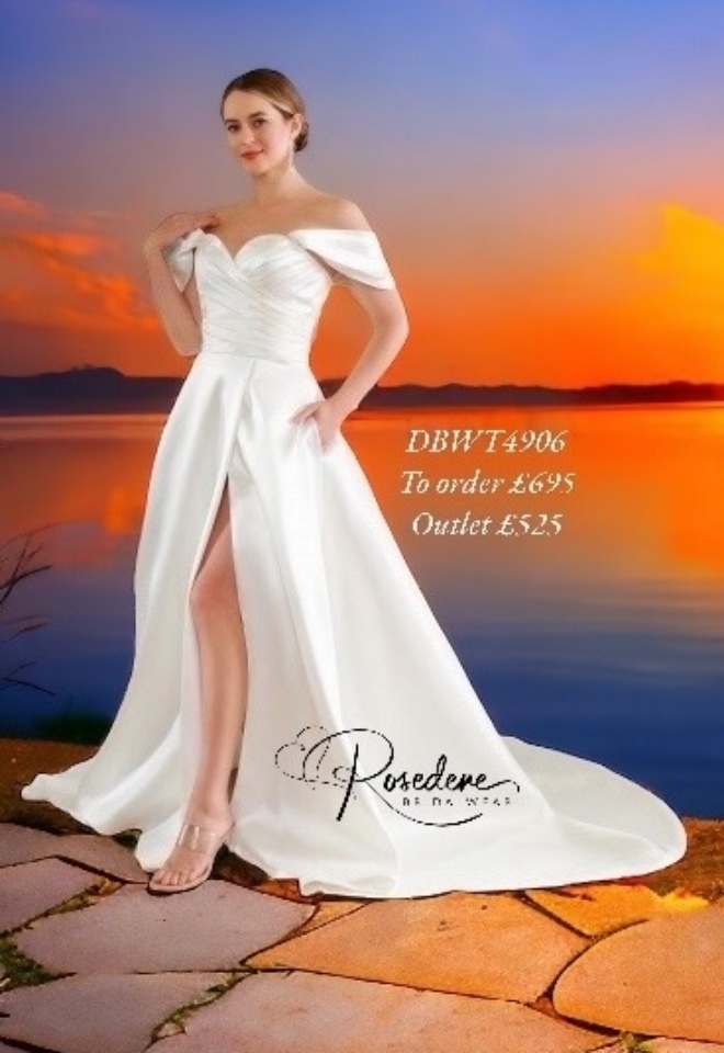 Satin off the shoulder wedding dress with split skirt