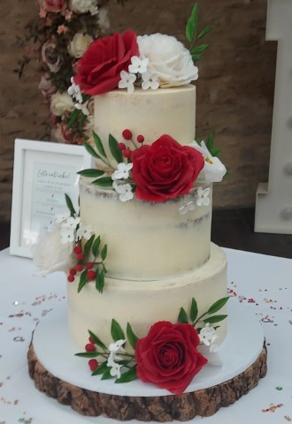 Sugar Roses and Flowers on Semi Naked 3 Tier Wedding Cake