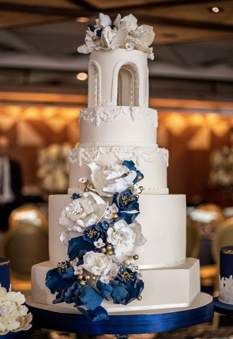 Royal Blue and White with touch of Gold wedding cake for The Berkeley London wedding