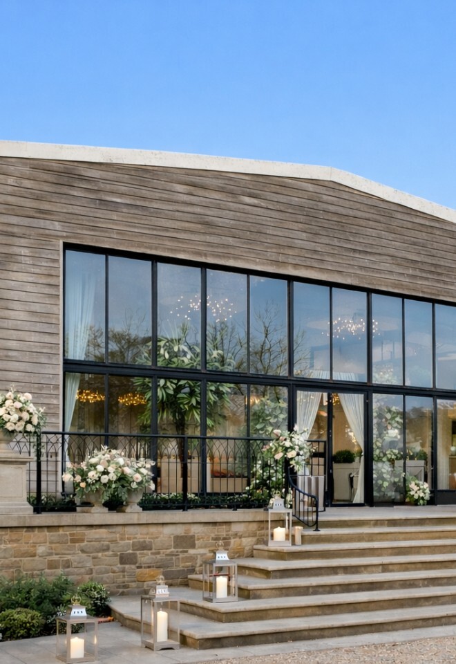 Outdoor wedding setup at Briar House Barns barn wedding venue in Rotherfield, East Sussex