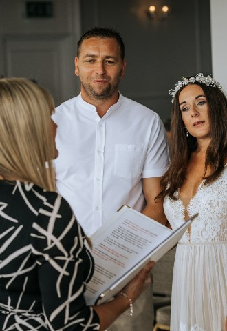 Celebrant Lisa with bride and groom at St Ives Harbour Hotel
