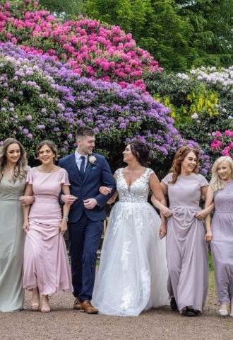 Wortley Hall wedding party in the gardens