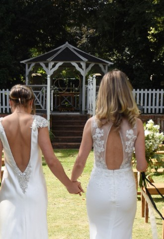 Wedding couple in the gardens at The Elephant Hotel - a wedding venue in Berkshire