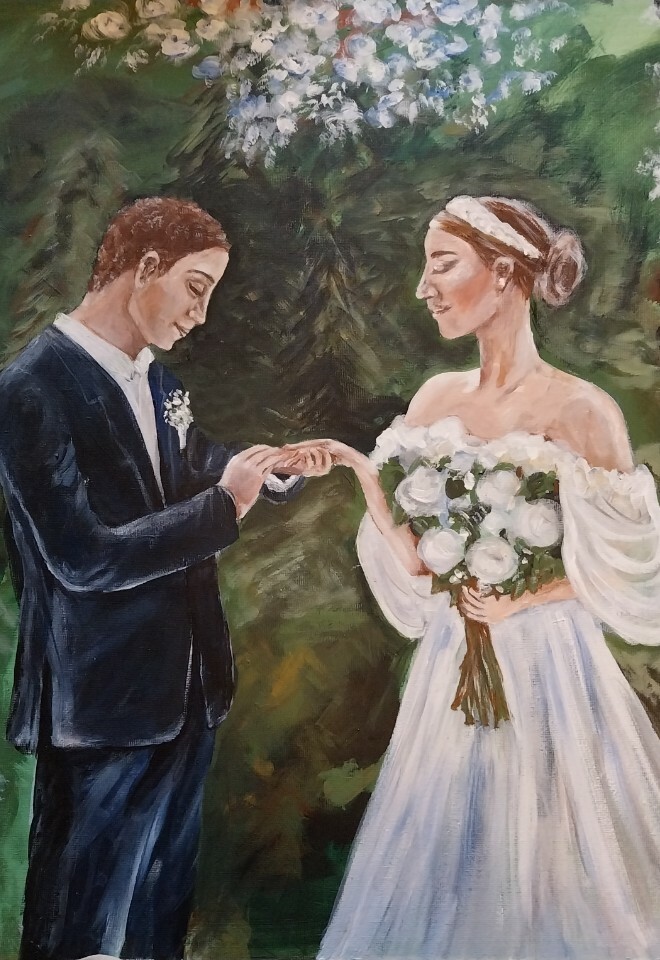 Live wedding painter beautifully painted bride and groom