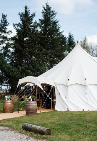 9x15m petal pole marquee with opaque sides, woodland wedding venue
