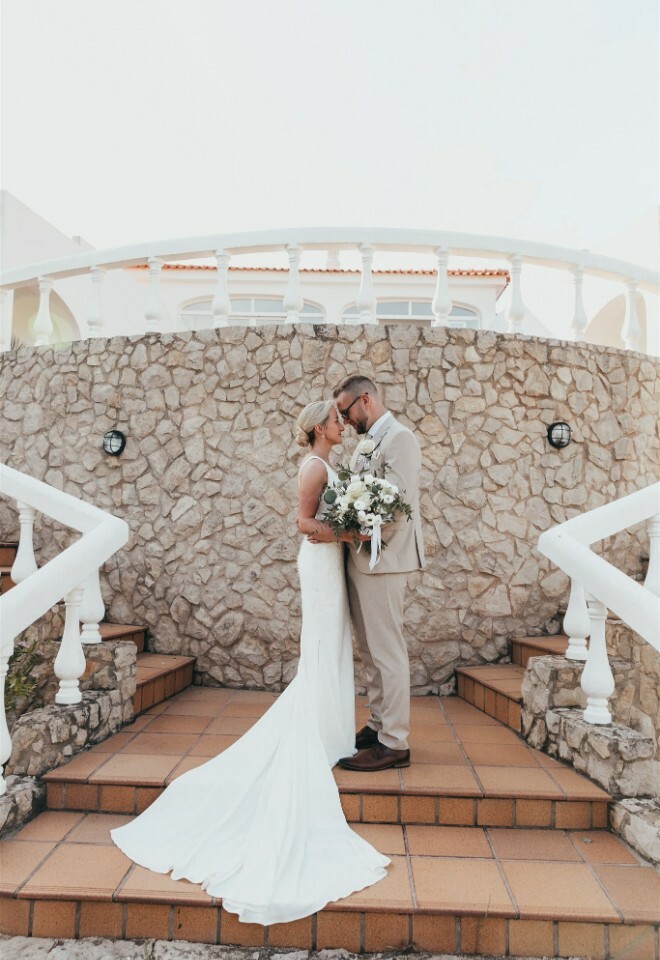 Newly Married Couple on a Traditional Portuguese Staircase for a villa wedding