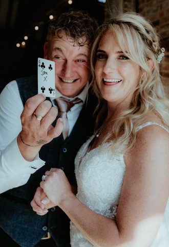 Bride and groom displaying their card from Richard Parsons Magician