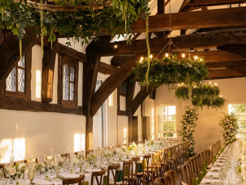 Reception area inside a Barn venue with tables and flower decor