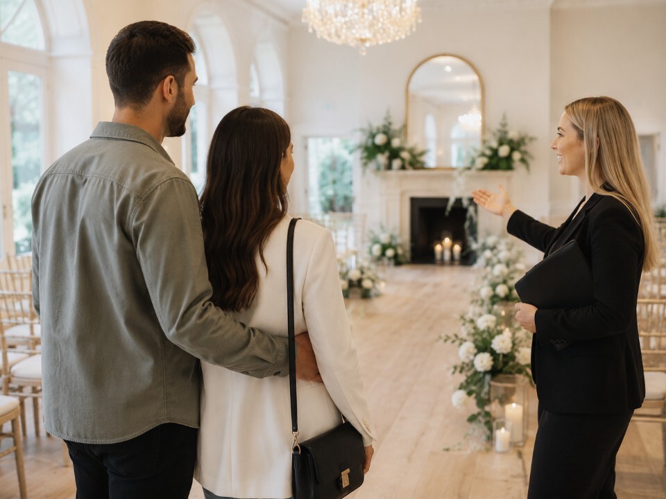A couple being shown round a venue 