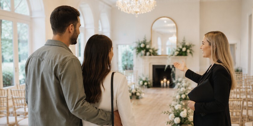 A couple being shown round a venue 