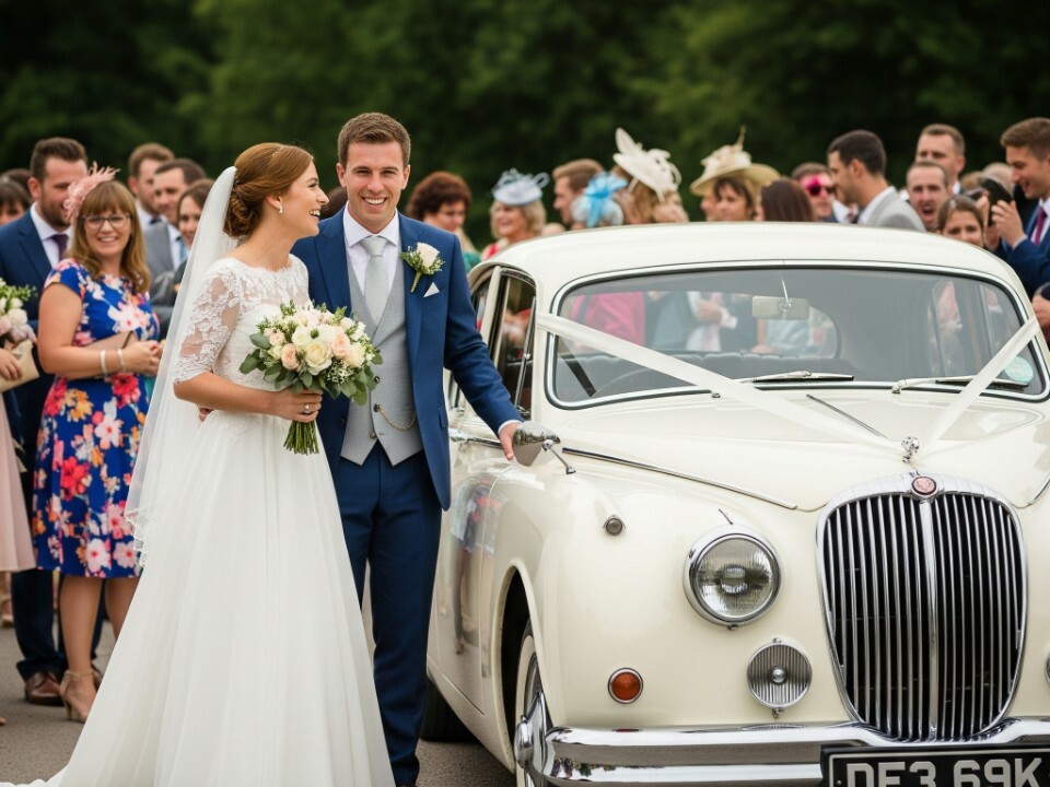 wedding car surrounded by the bride, groom and wedding guests