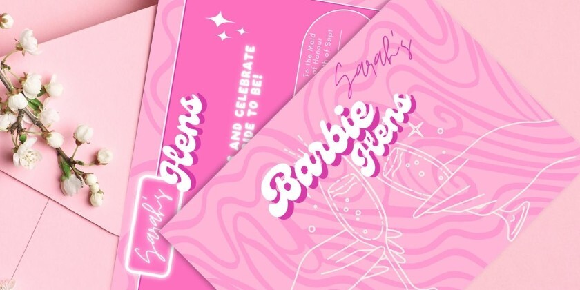 Pink Barbie-themed hen party invitation cards with white Barbie-style lettering and cocktail illustrations on a pastel pink background.