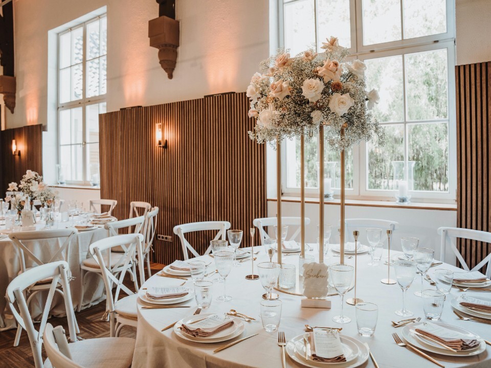Wedding breakfast set up inside a wedding venue