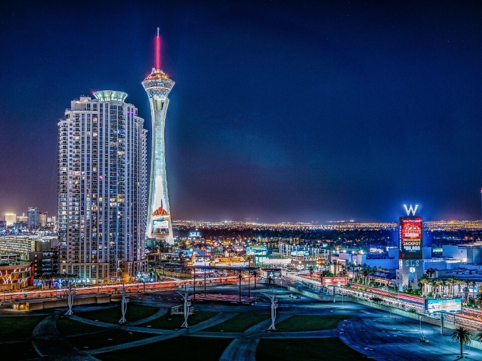 Las Vegas landmarks lit up at dusk