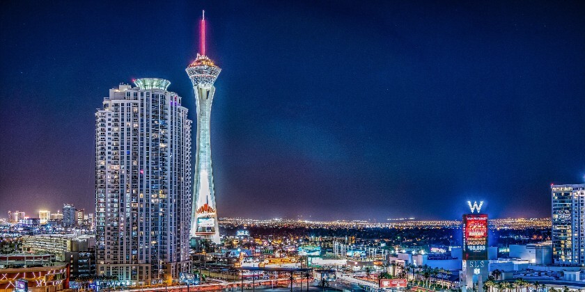 Las Vegas landmarks lit up at dusk