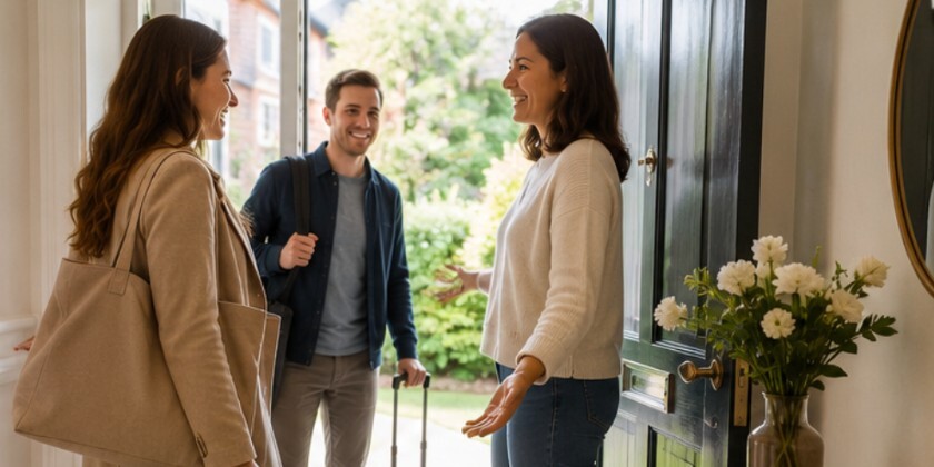 A bride showing guests into the house/spare room 