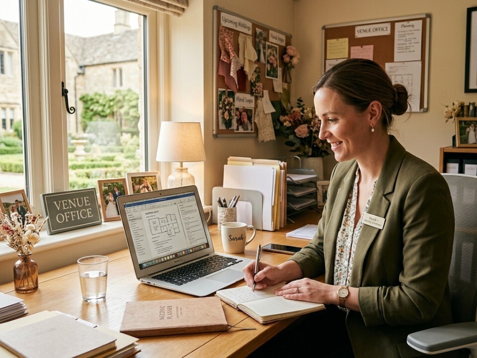 A professional wedding coordinator sits at a wooden desk in a venue office. She is smiling while looking at a laptop screen displaying a floor plan and taking notes.