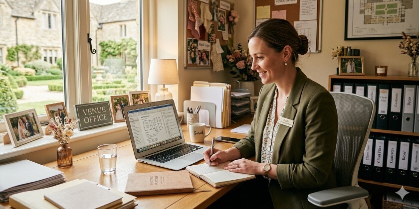 A professional wedding coordinator sits at a wooden desk in a venue office. She is smiling while looking at a laptop screen displaying a floor plan and taking notes.