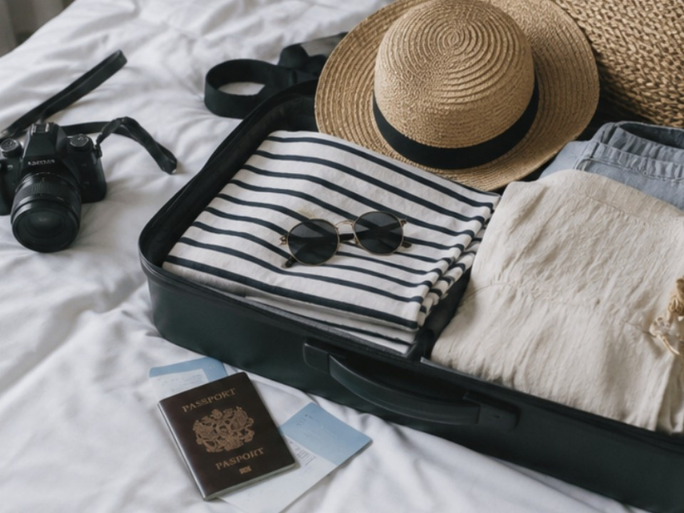 A packed suitcase on a bed