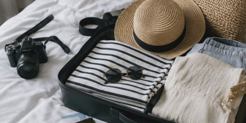 A packed suitcase on a bed