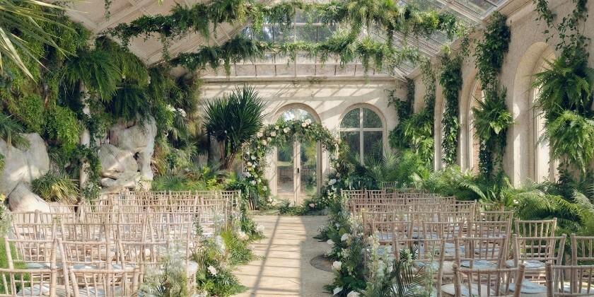 Botanical Glasshouse wedding ceremony space at Duke’s Yard at Ashridge House with tropical greenery and natural light