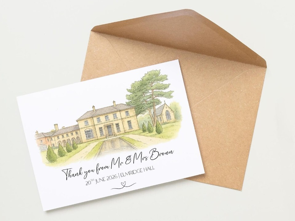 personalised wedding venue watercolour sketch wedding thank you card