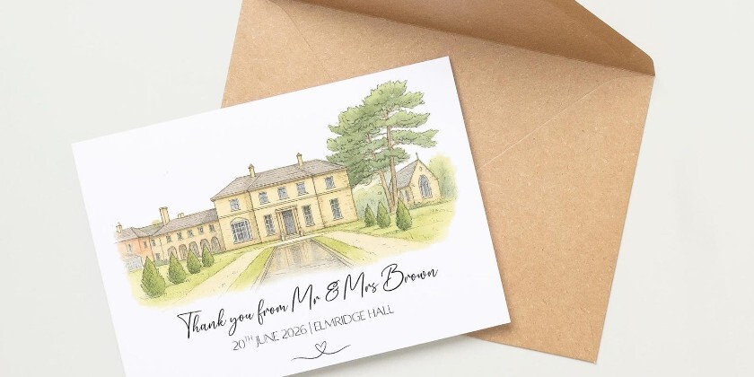 personalised wedding venue watercolour sketch wedding thank you card