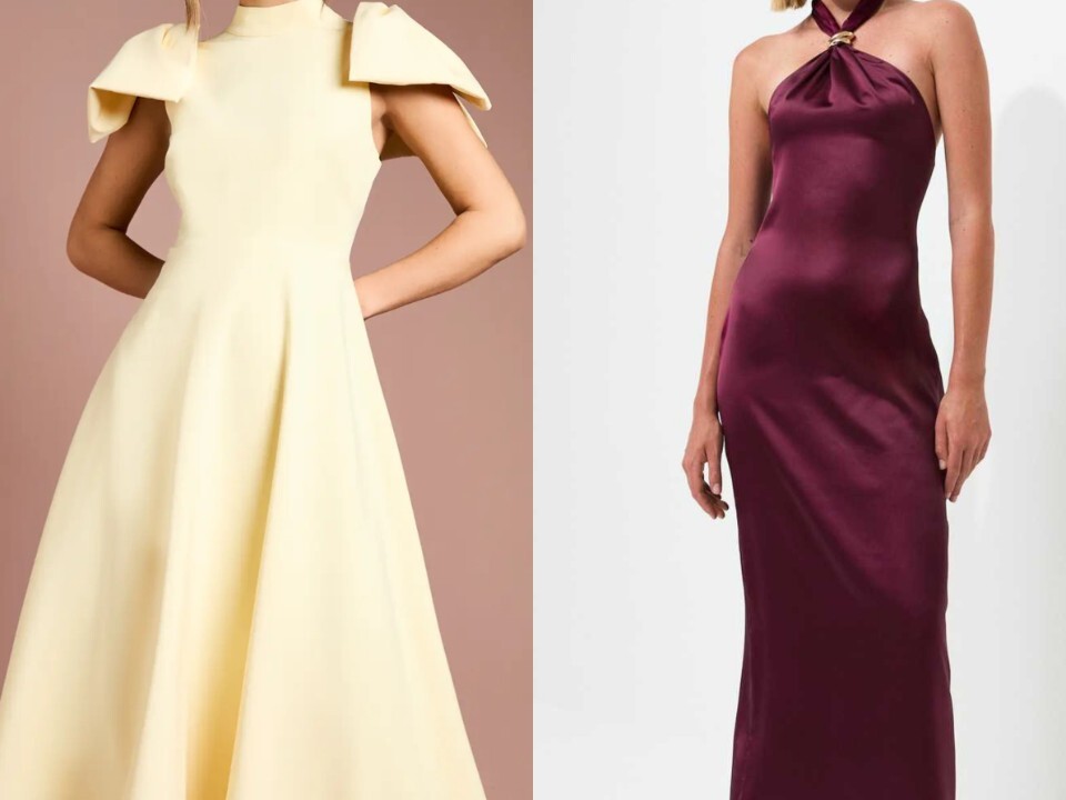 a yellow and purple dress side by side 