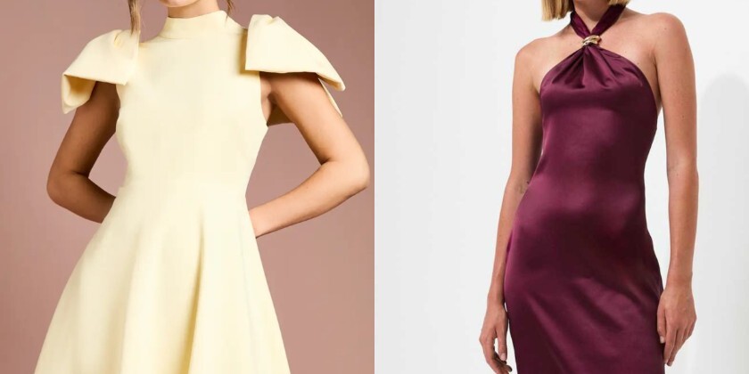 a yellow and purple dress side by side 