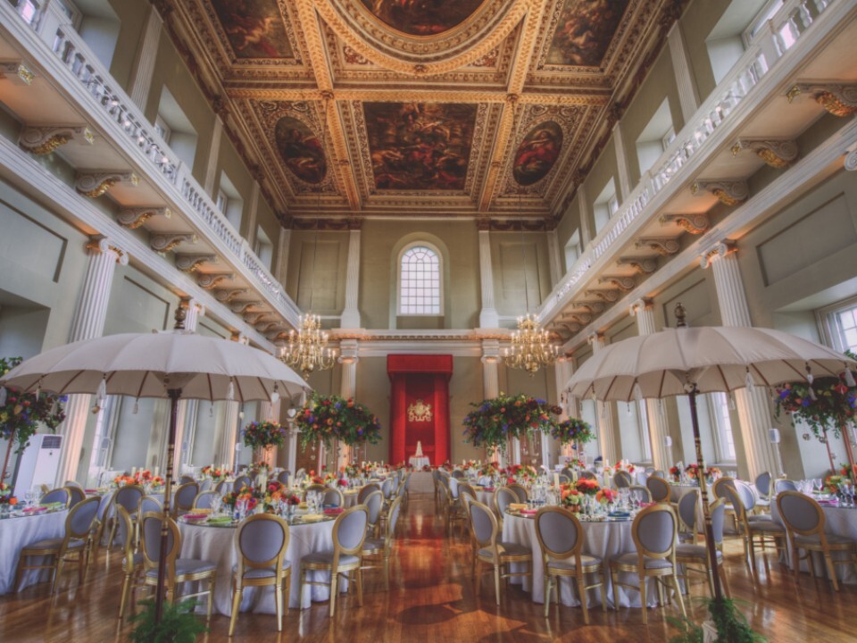 Interior of Banqueting House - Whitehall Palace Wedding Venue set for a wedding breakfast
