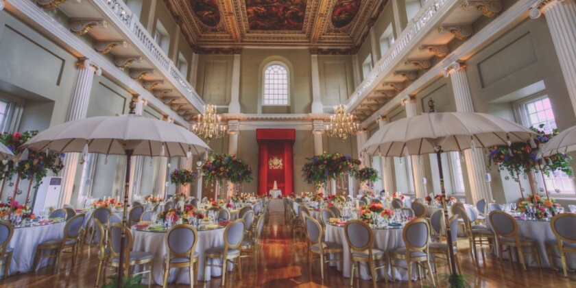 Interior of Banqueting House - Whitehall Palace Wedding Venue set for a wedding breakfast