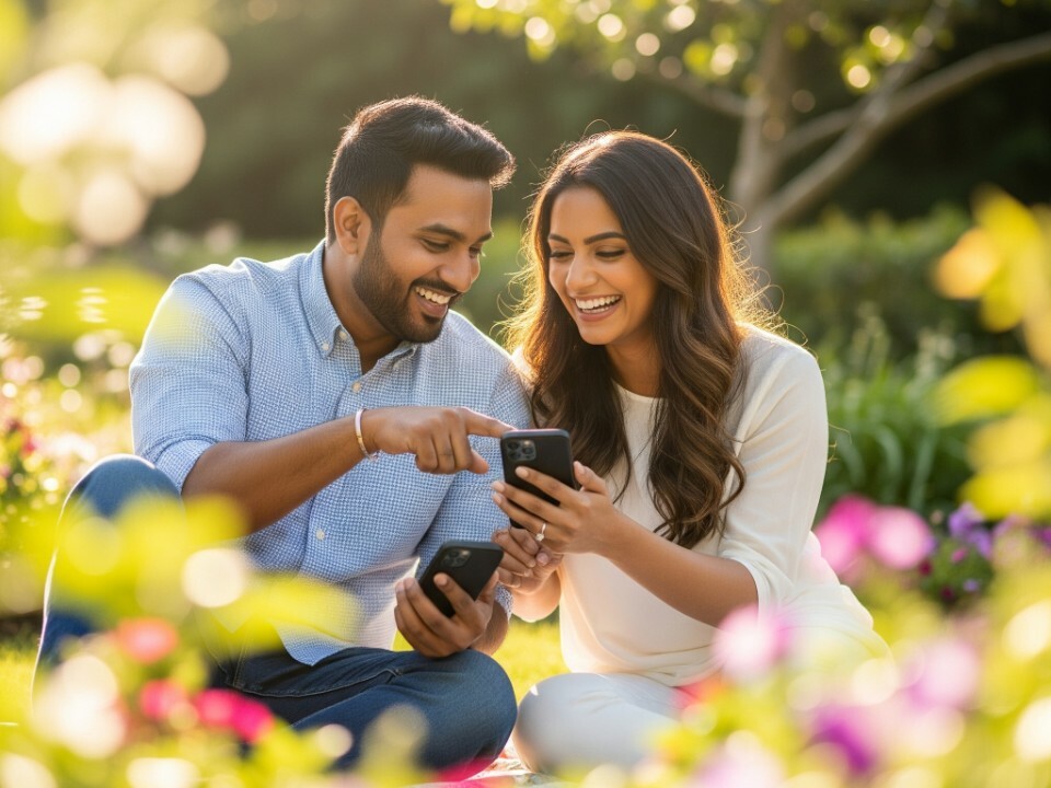 Engaged couple searching for wedding vendors on their phone