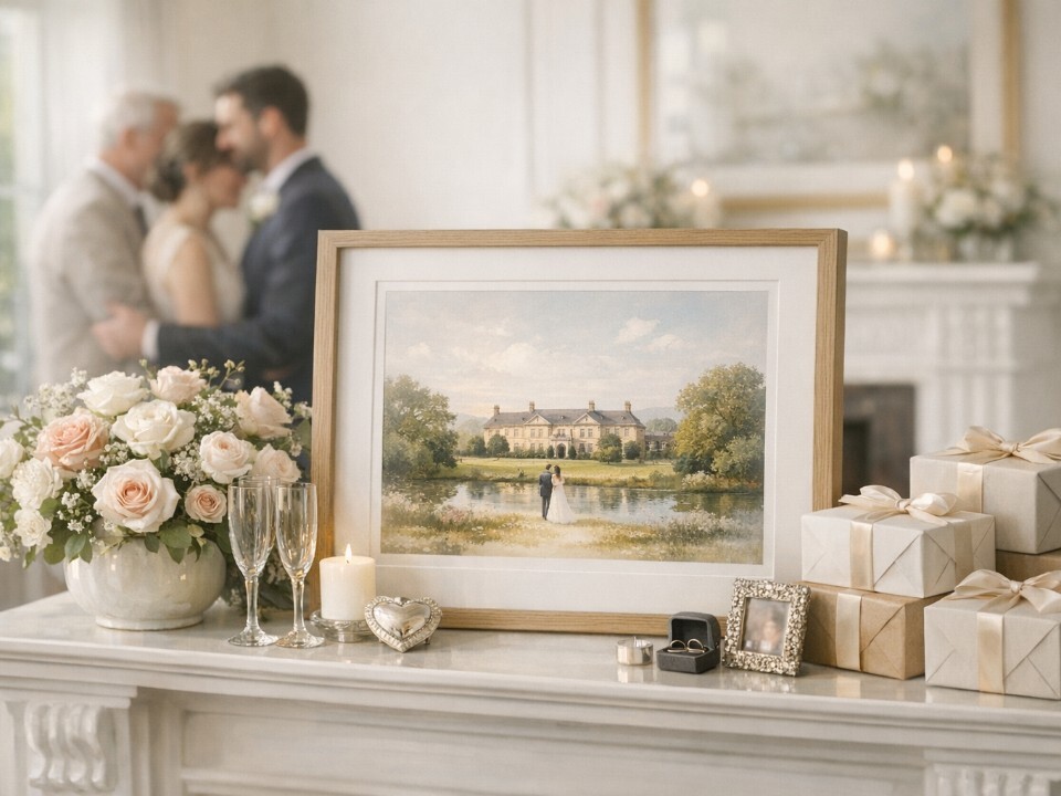 AI image of a personalised wedding print with couple and family members behind them.