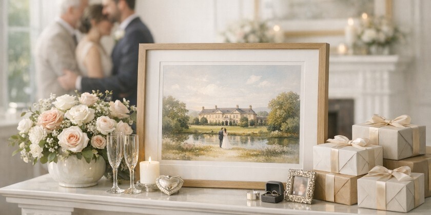 AI image of a personalised wedding print with couple and family members behind them.